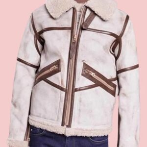 Aviator Style White Waxed Leather Jacket