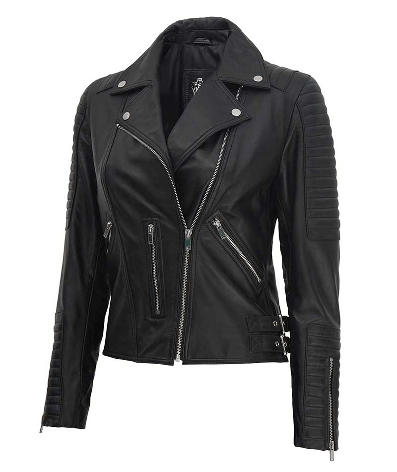 Women's Bari Quilted Black Moto Leather Jacket - AirBorne Jacket