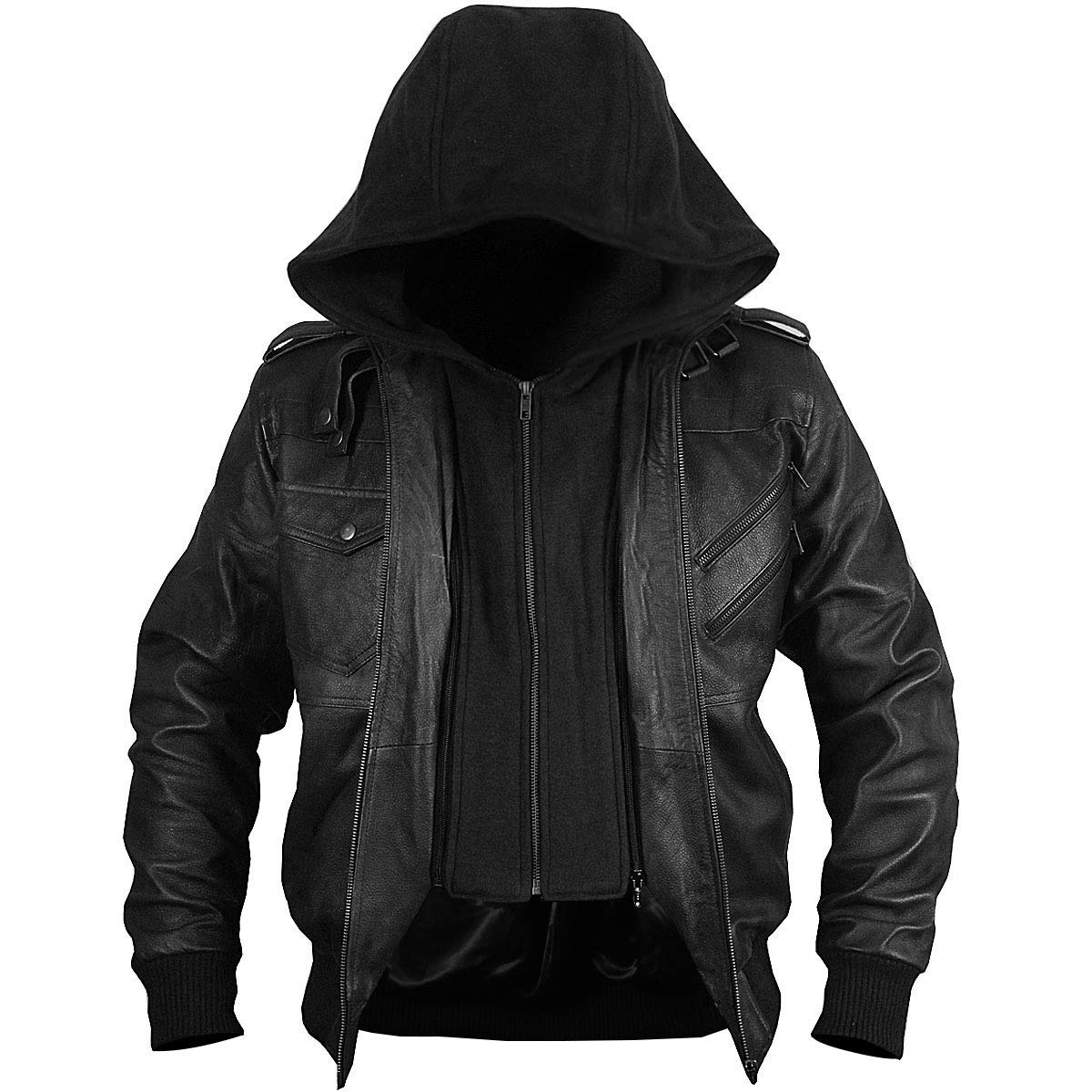 Black Genuine Motorcycle Leather Jacket Bomber Style Removable Hood ...