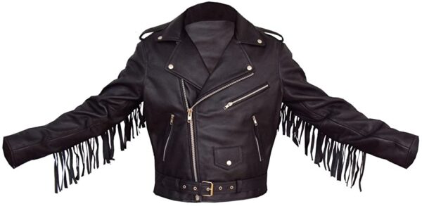 Men's Black Fringe Tasseled Black Leather Jacket