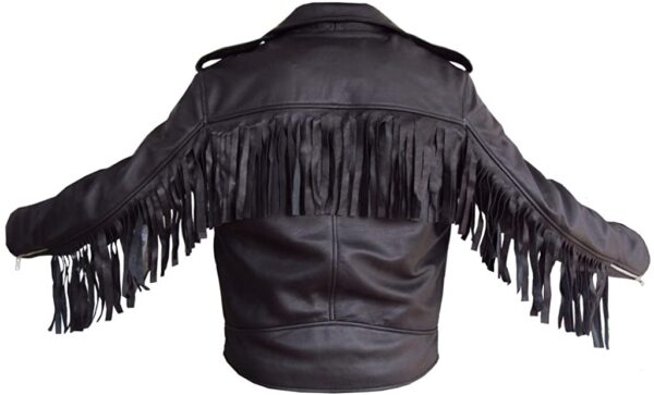 Men's Black Fringe Tasseled Black Leather Jacket - Image 2