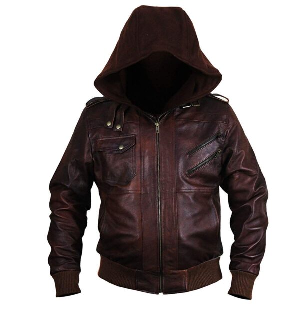 New Brown Genuine Bomber Style Removable Hood Leather Jacket - Image 3