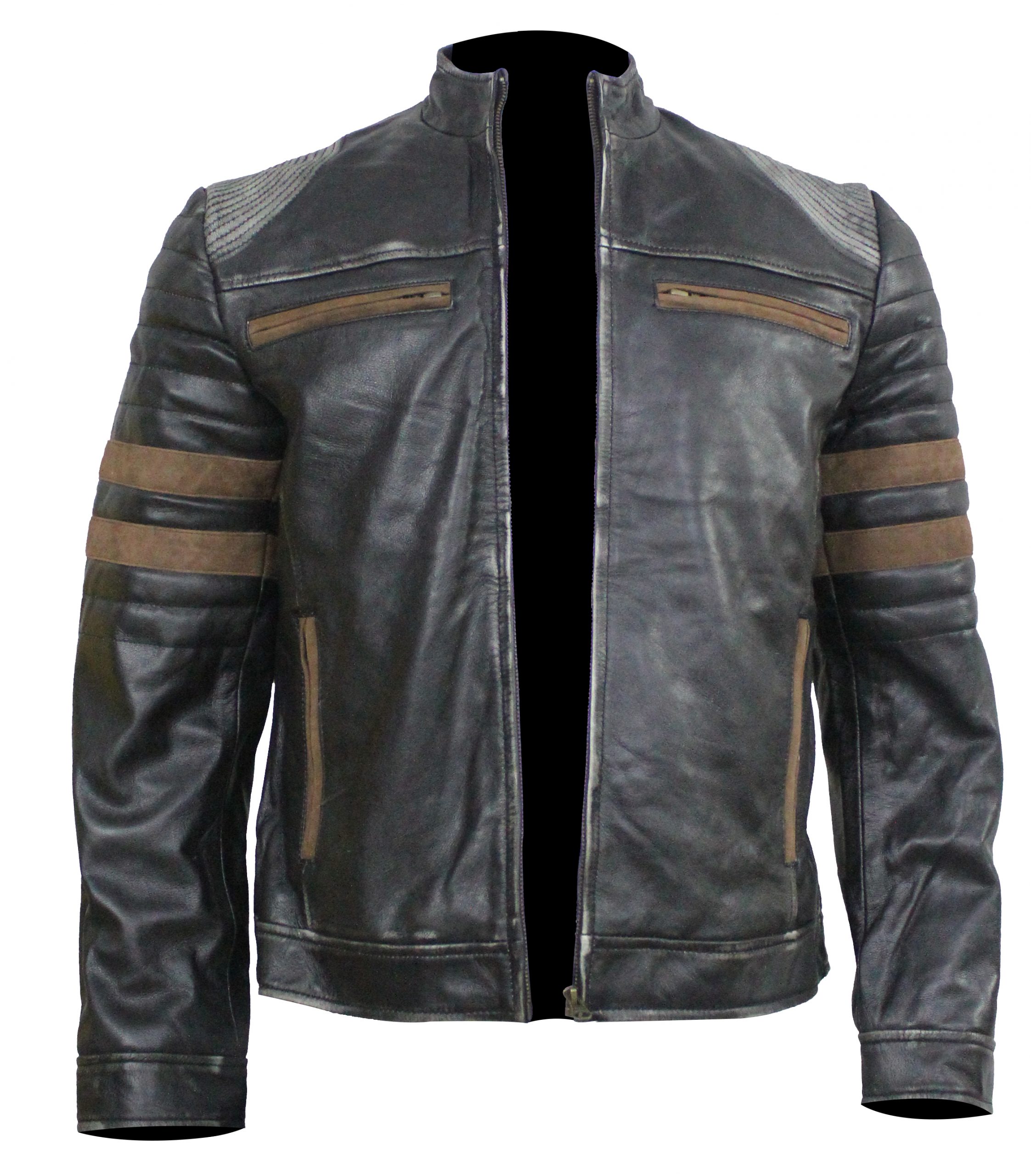 Men's Brown Striped Revolver Black Leather Jacket - AirBorne Jacket