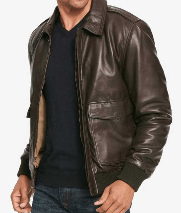 Mens Fashion Brown Bomber Leather Jacket - Image 2