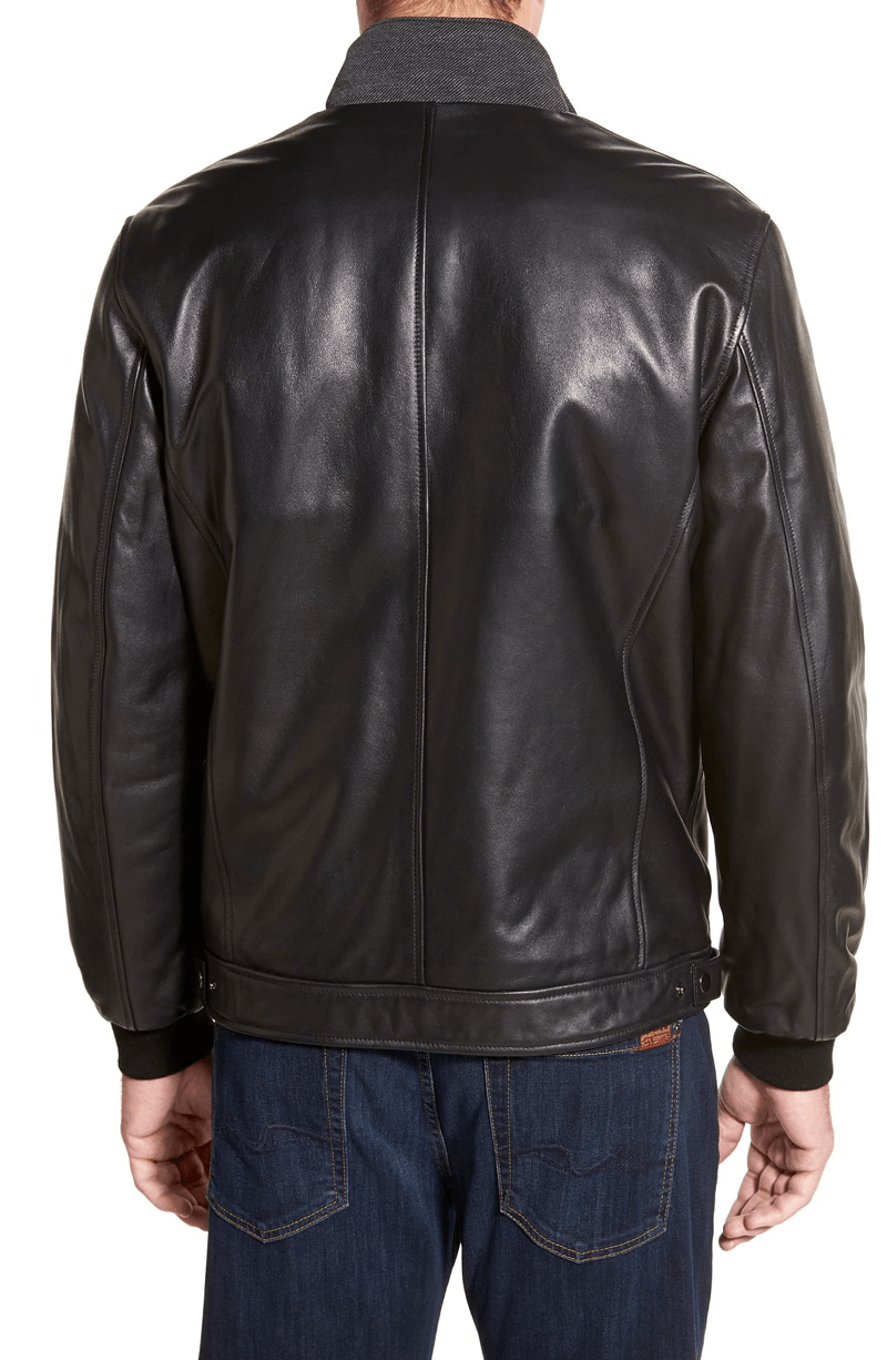 Mens Bugatchi Leather Jacket With Woven Front Panel - AirBorne Jacket