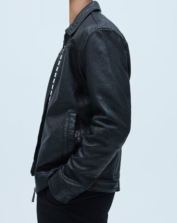 Mens Faded Effect Black Leather Jacket - Image 2