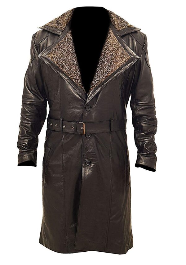 Ryan Gosling Officer K Blade Runner Fur Lapel Collar Leather Trench Pea Coat - Image 3