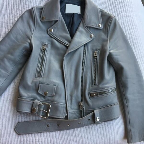 Mens Grey Moto Leather Jacket - Image 2
