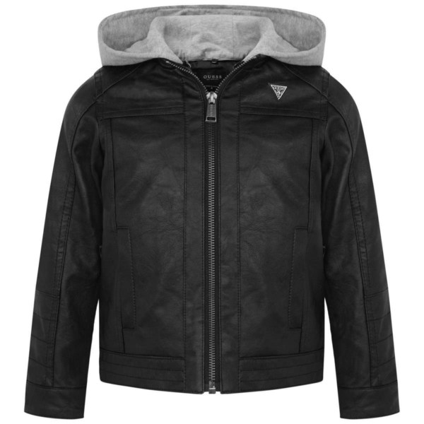 Guess Boys Black Leather Hooded Jacket