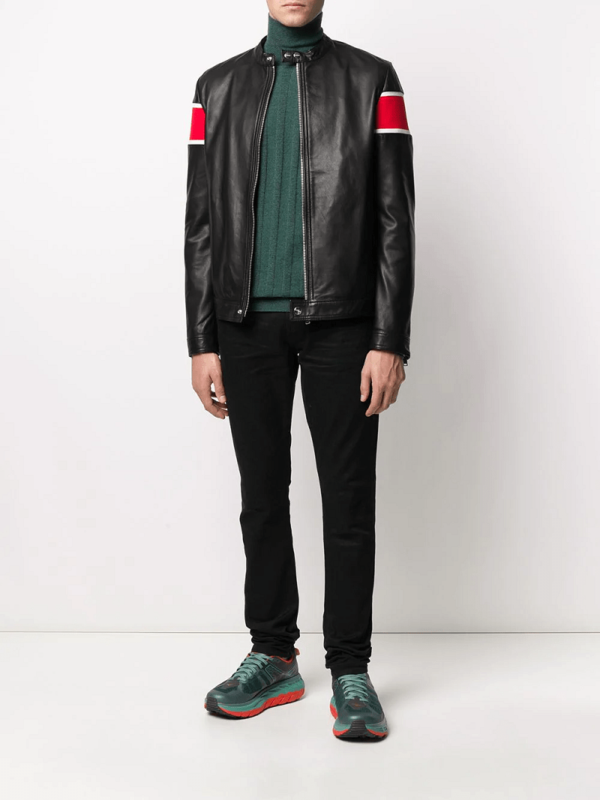 Mens Iceberg Striped Sleeve Leather Jacket - Image 4