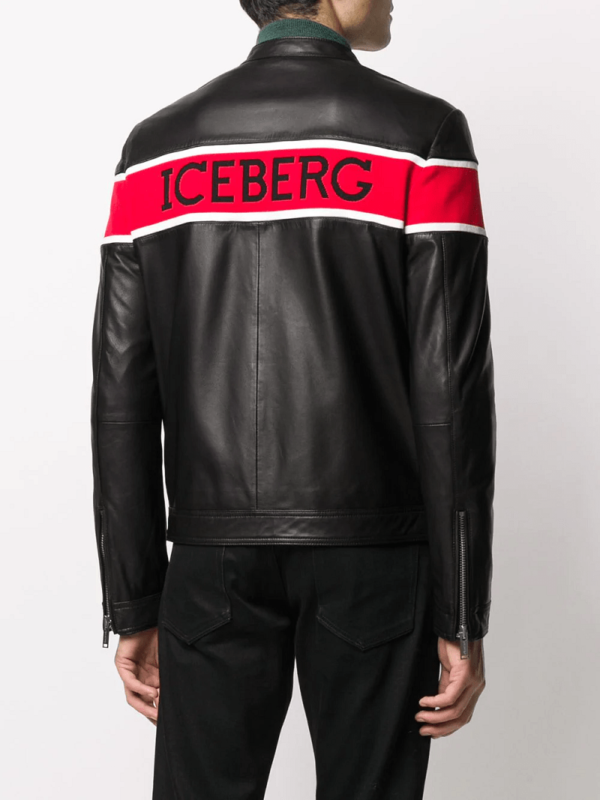 Mens Iceberg Striped Sleeve Leather Jacket - Image 3