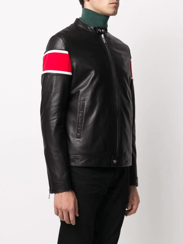 Mens Iceberg Striped Sleeve Leather Jacket - Image 2