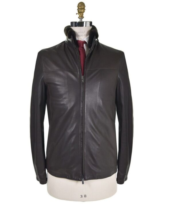 Kiton Mens Black Leather Jacket With Fur Collar