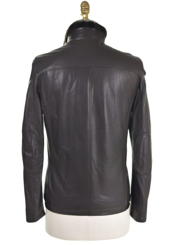 Kiton Mens Black Leather Jacket With Fur Collar - Image 3