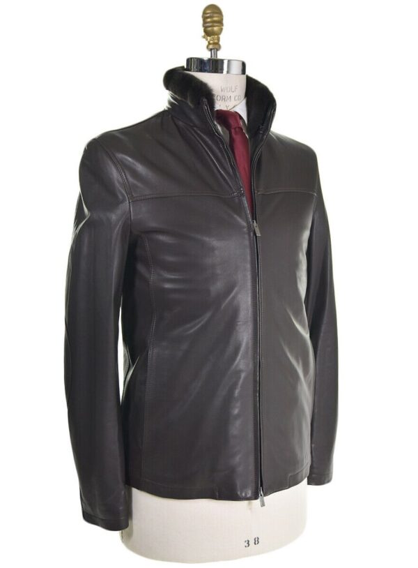 Kiton Mens Black Leather Jacket With Fur Collar - Image 2