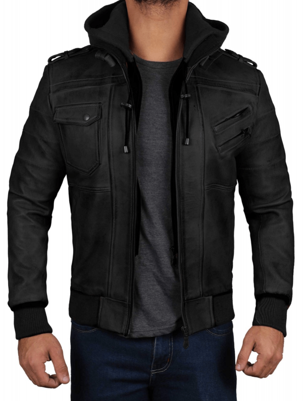 Mens Edinburgh Black Hooded Bomber Leather Jacket
