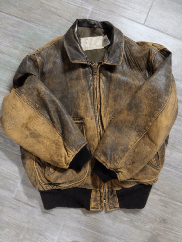 Mens Distressed Patina Leather Bomber Jacket - Image 2
