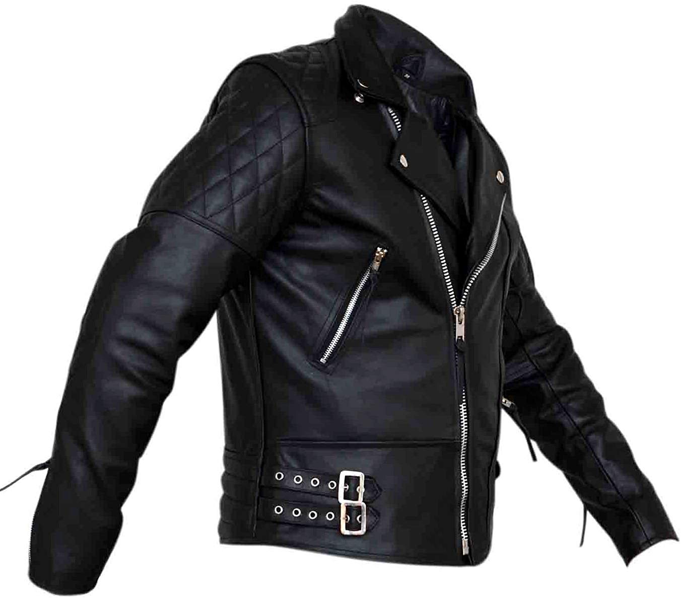Mens Classic Diamond Black Biker Leather Jacket - Image 2