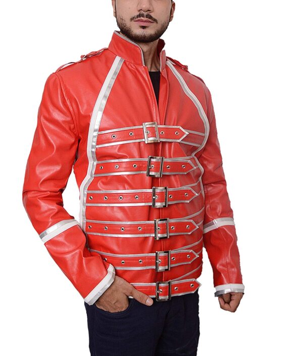 Mens Hemskin Belted Military Style Red Leather Jacket - Image 4