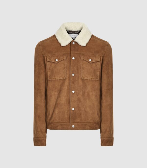 Miles Reiss Suede Trucker Shearling Collar Leather Jacket