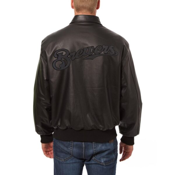 Milwaukee Brewers Bomber Black Leather Jacket - Image 2