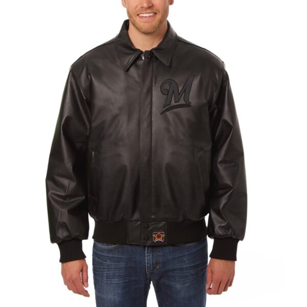 Milwaukee Brewers Bomber Black Leather Jacket