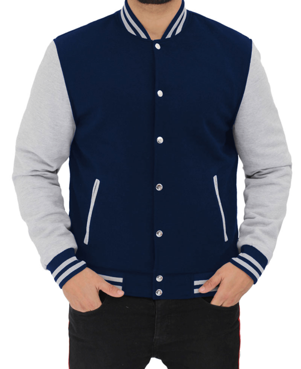 Mens Navy Blue and Gray Varsity Fleece Jacket