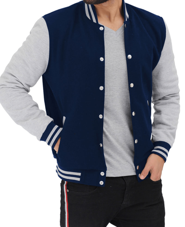 Mens Navy Blue and Gray Varsity Fleece Jacket - Image 3