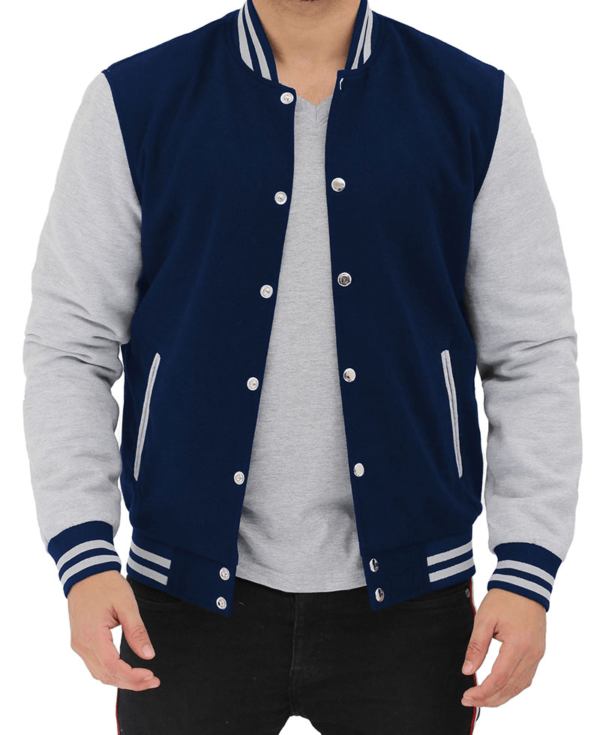 Mens Navy Blue and Gray Varsity Fleece Jacket - Image 4