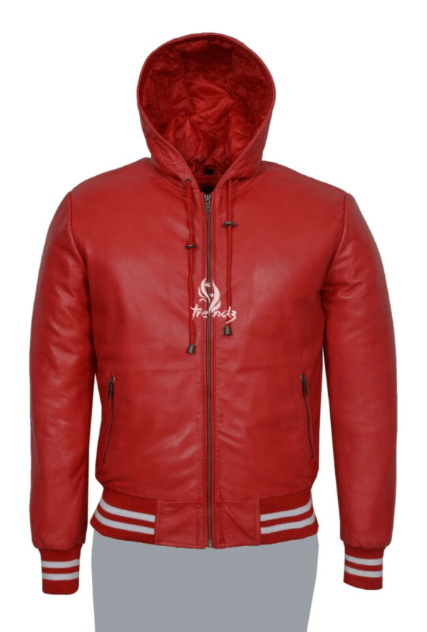 Men's Red Hooded Bomber Sport Leather Jacket