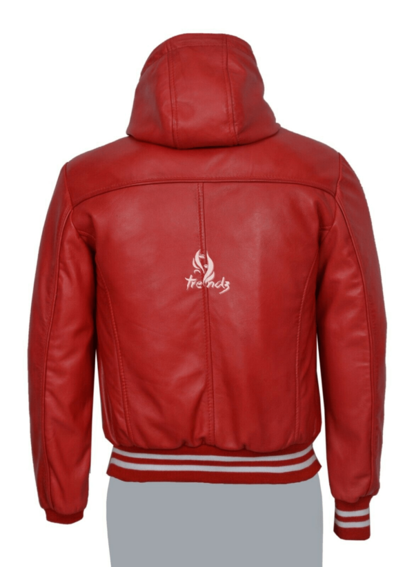 Men's Red Hooded Bomber Sport Leather Jacket - Image 4