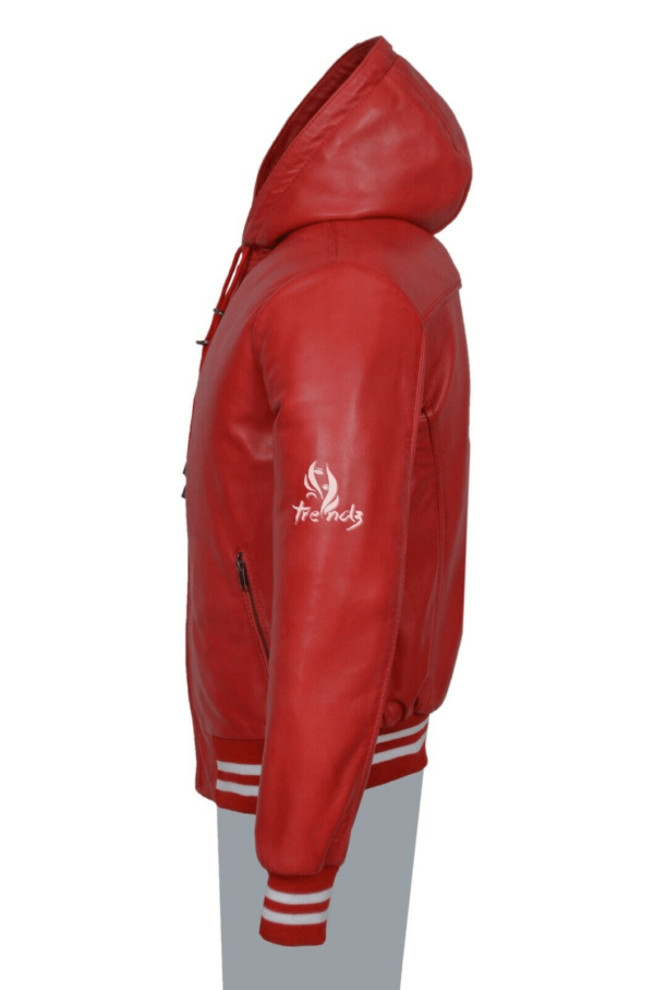 Men's Red Hooded Bomber Sport Leather Jacket - Image 3
