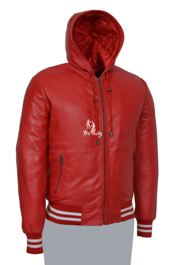 Men's Red Hooded Bomber Sport Leather Jacket - Image 2
