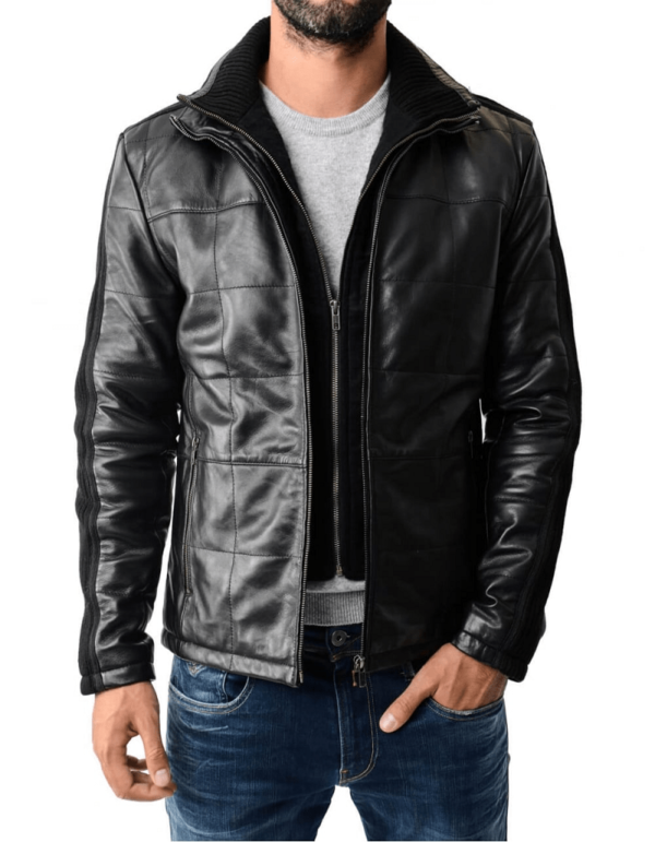 Mens Rib Knit Paneled Black Reline Padded Leather Jacket