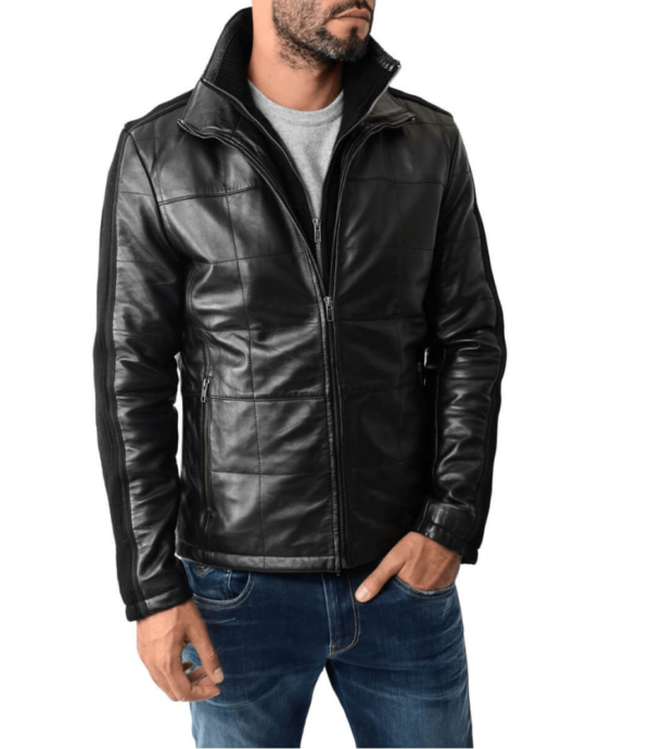 Mens Rib Knit Paneled Black Reline Padded Leather Jacket - Image 2
