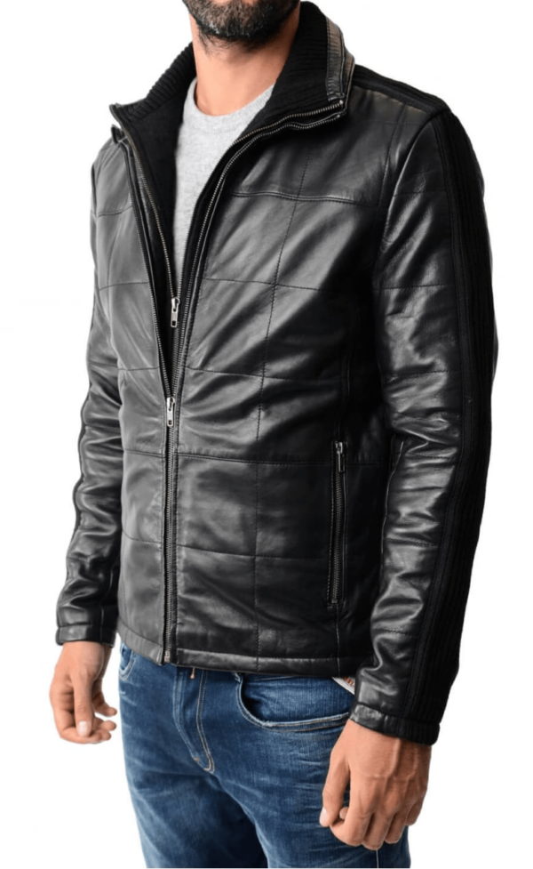 Mens Rib Knit Paneled Black Reline Padded Leather Jacket - Image 3