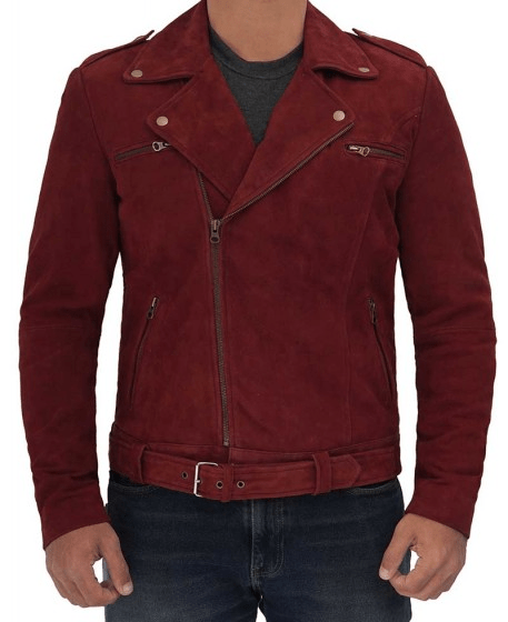 Mens Sean Biker Maroon Suede Leather Jacket