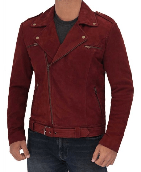 Mens Sean Biker Maroon Suede Leather Jacket - Image 3