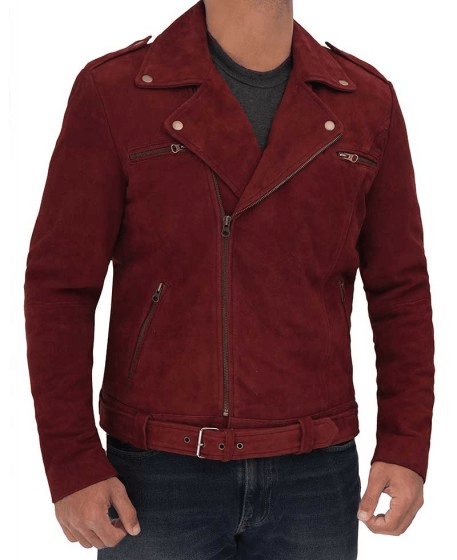 Mens Sean Biker Maroon Suede Leather Jacket - Image 2