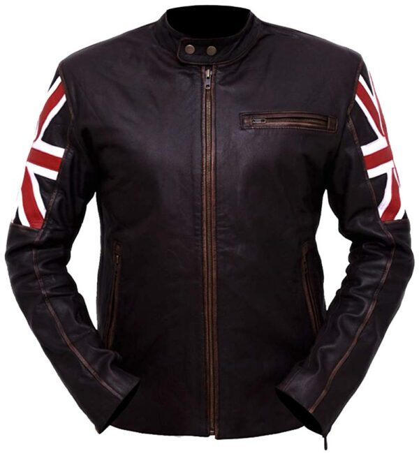 Slim Fit UK Flag Distressed Brown Leather Jacket - Image 4