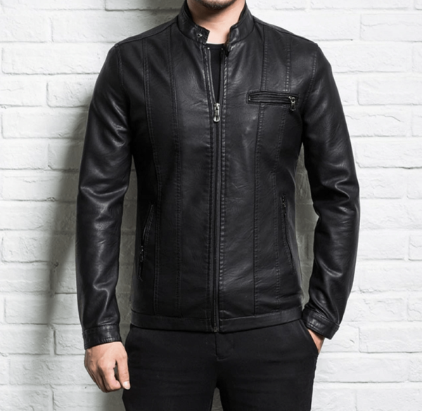 Mens Spring Slim Zipper Black Leather Jacket