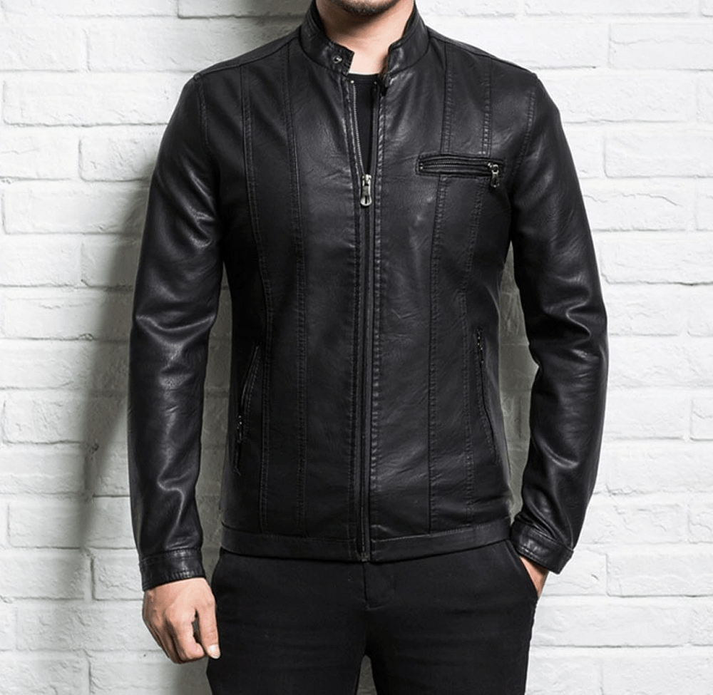 Mens Spring Slim Zipper Black Leather Jacket - AirBorne Jacket