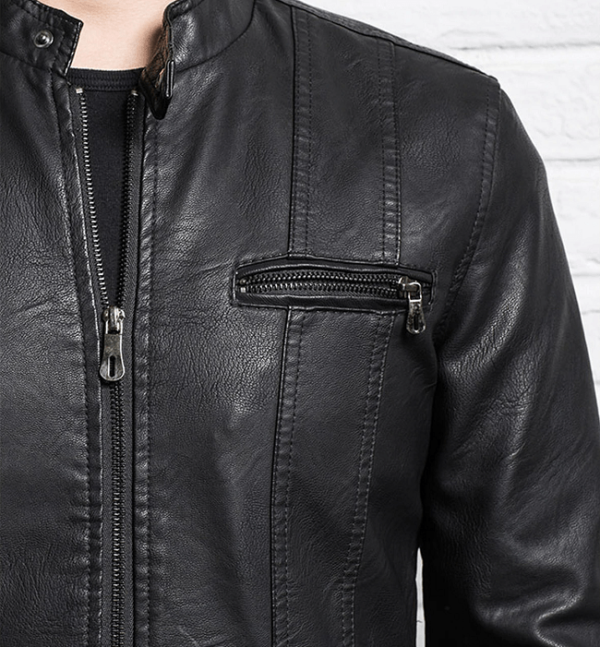 Mens Spring Slim Zipper Black Leather Jacket - Image 2