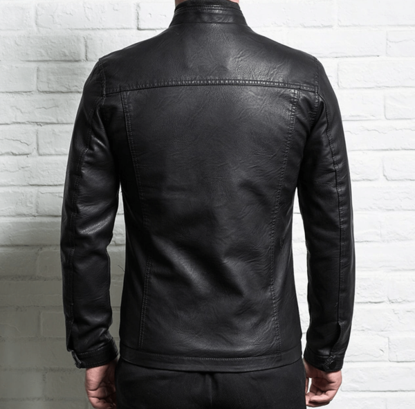 Mens Spring Slim Zipper Black Leather Jacket - Image 3