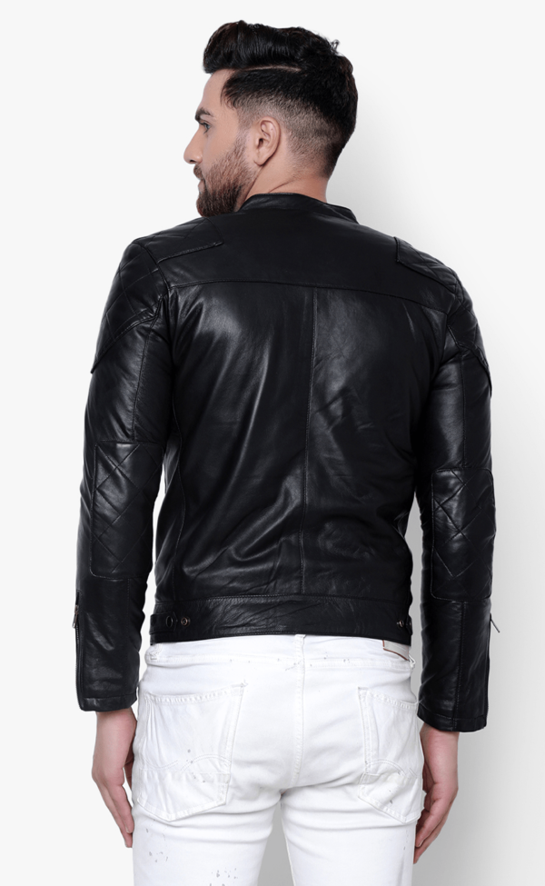 Mens Fashion Patches Black Leather Jacket - Image 3
