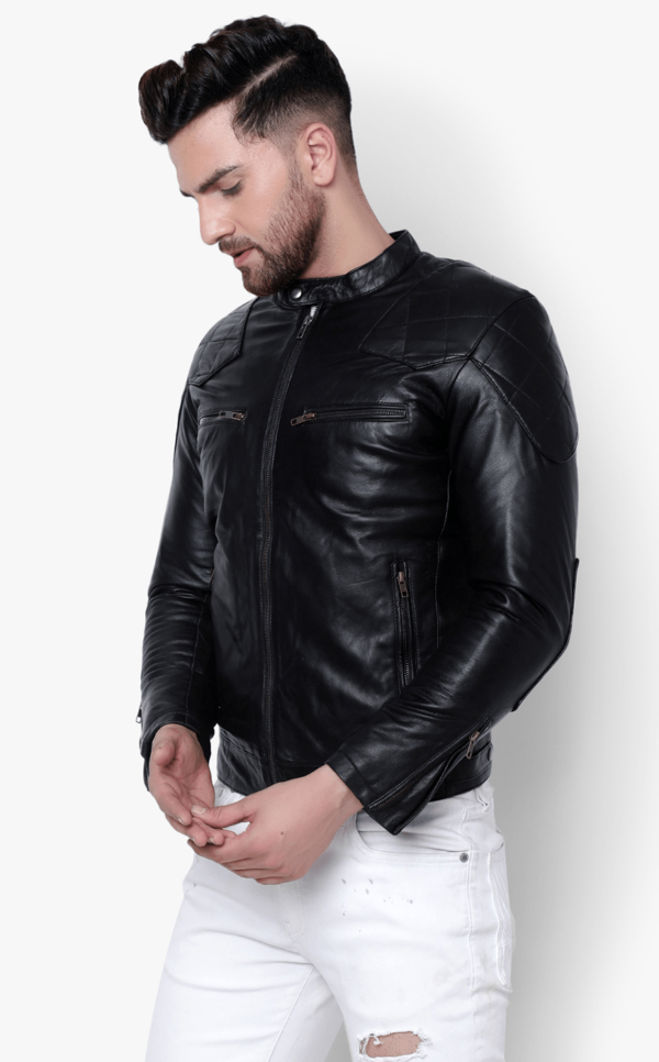 Mens Fashion Patches Black Leather Jacket - Image 2