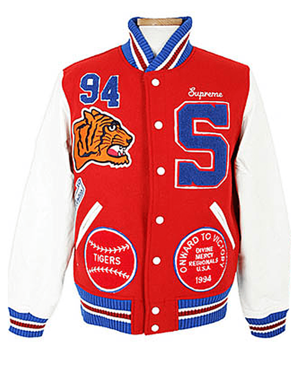 Mens Logo Red Supreme Tiger Varsity Jacket