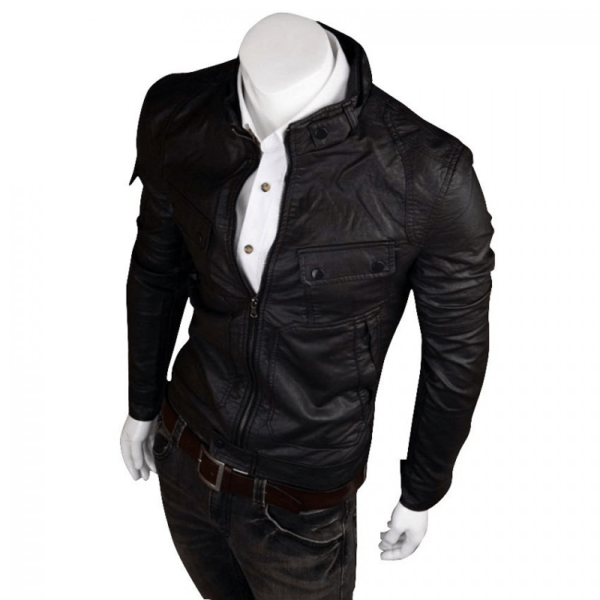 Mens Slim Fit Black Leather Jacket - Image 2