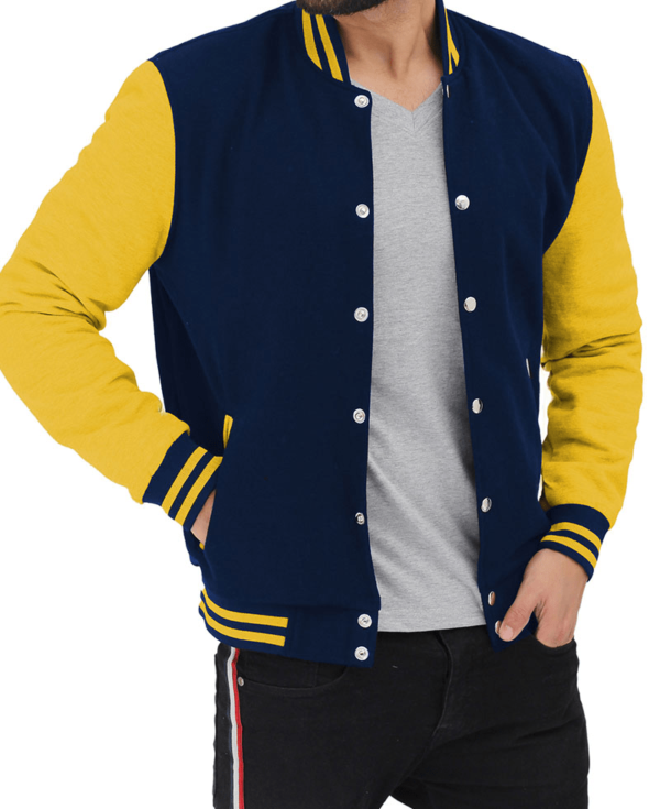 Mens Yellow And Navy Blue Varsity Fleece Jacket - Image 3