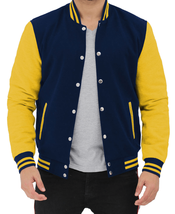 Mens Yellow And Navy Blue Varsity Fleece Jacket - Image 2